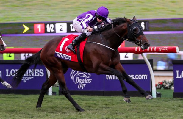 Racehorse Mendelssohn with jockey in purple and white silks racing on a turf track.
