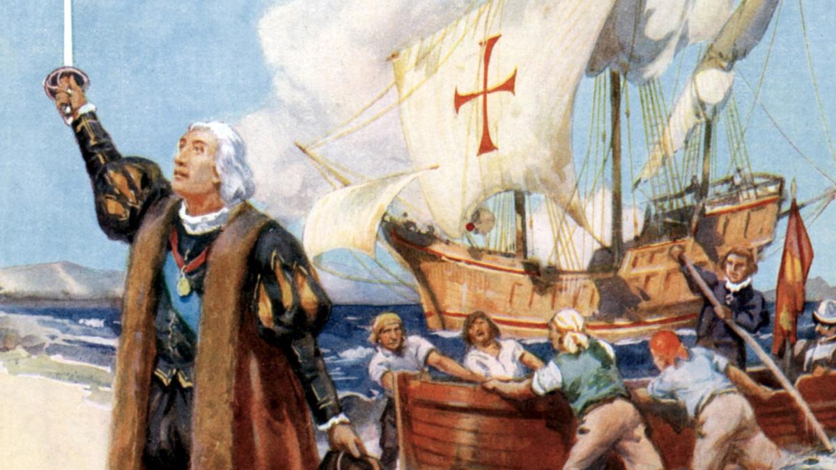 Illustration of Christopher Columbus holding a sword with a ship and crew in the background.