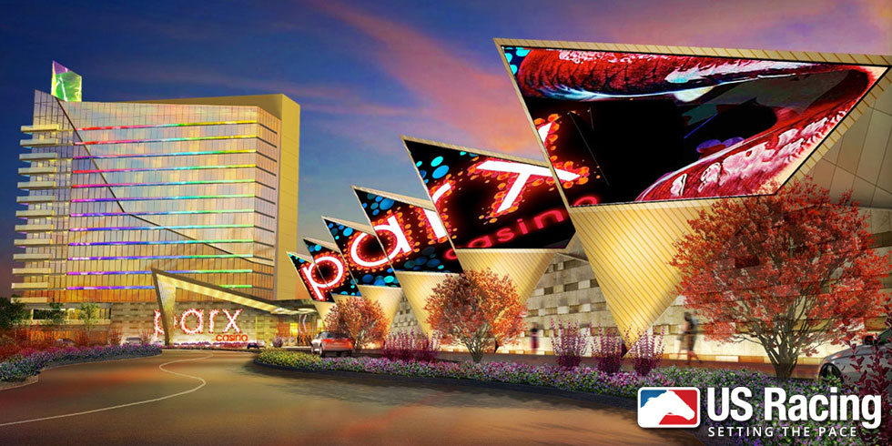 Architectural rendering of the Parx Casino exterior featuring colorful triangular structures and a modern building design.