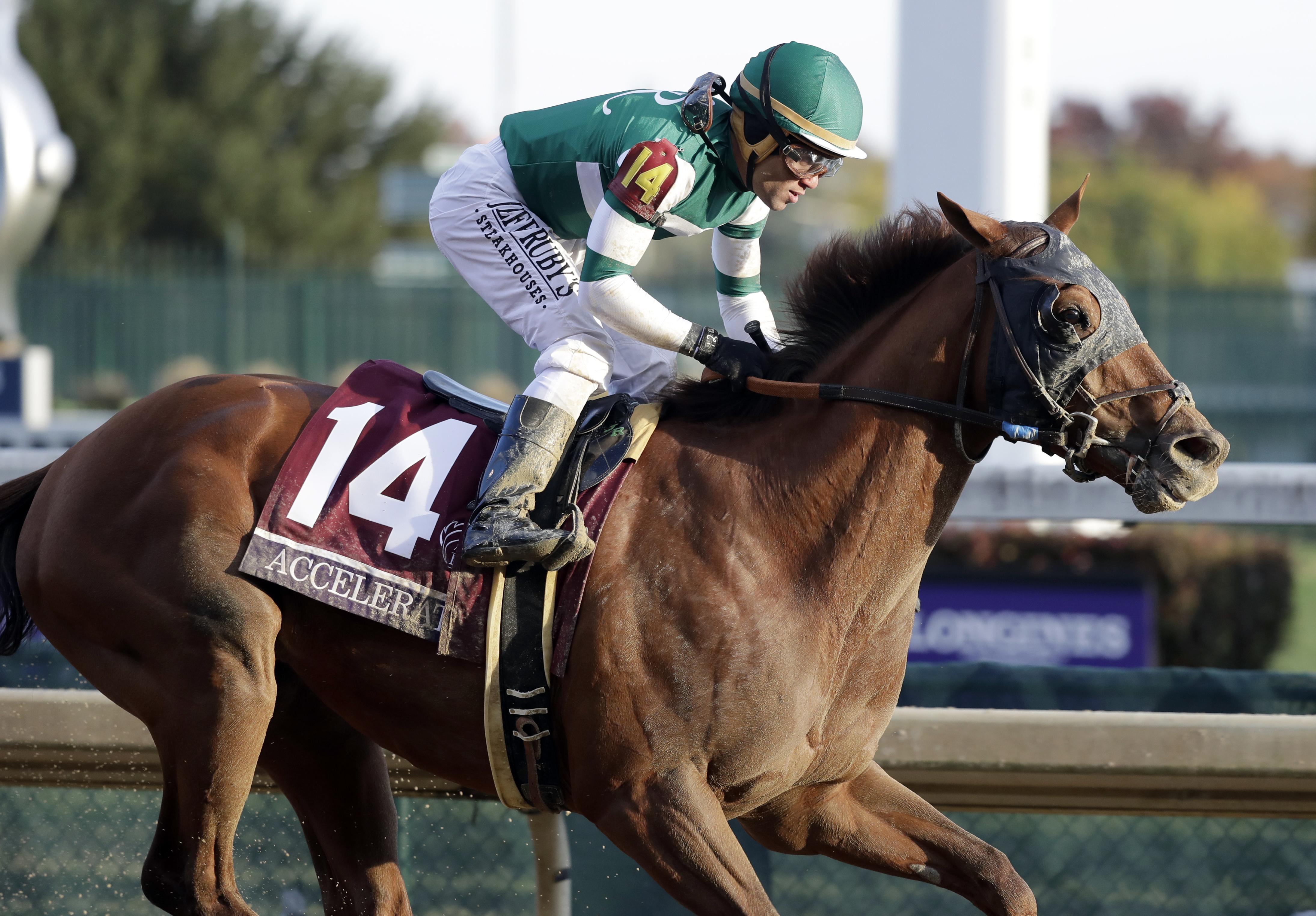 A racehorse with a jockey wearing green and white attire competing in a horse race.