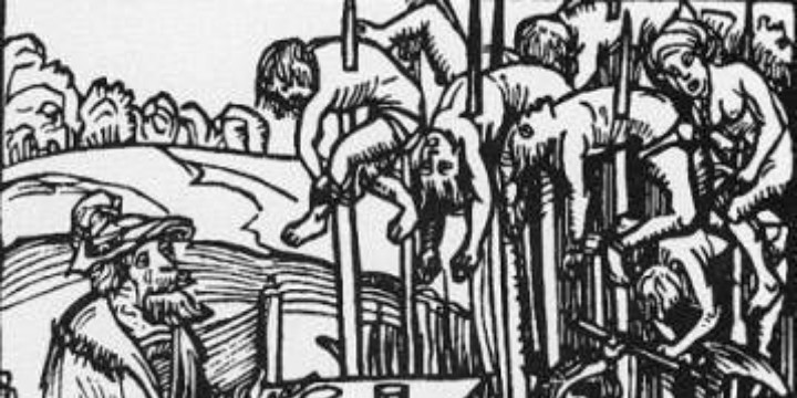 Historical woodcut illustration showing a torture scene with figures on stakes, showcasing medieval punishment methods.