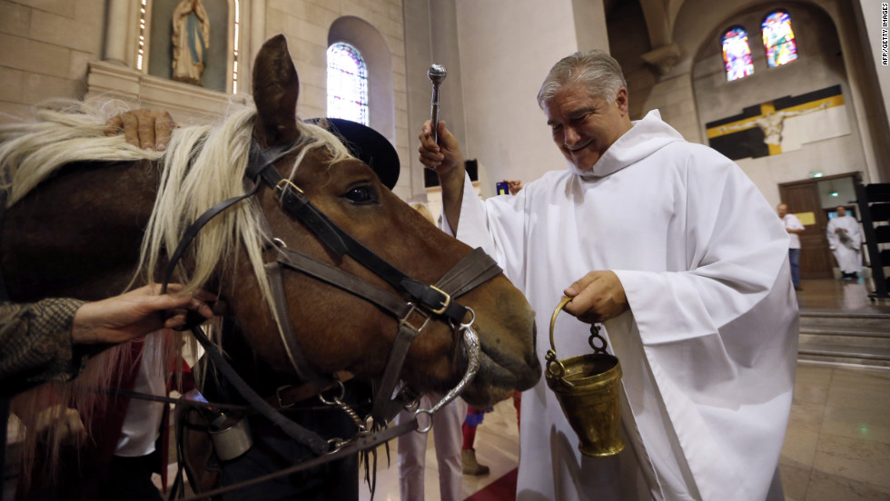 A priest in a white robe holding a bell and blessing a brown horse inside a church.