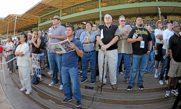 A diverse crowd of spectators watching a horse racing event, showcasing various individuals engaged in the experience.