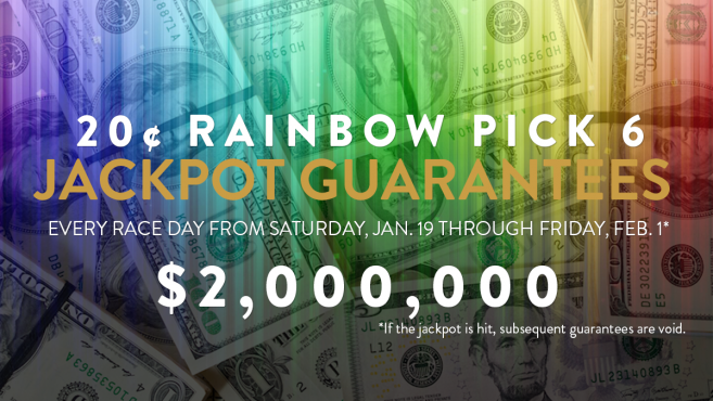 Announcement for a $2,000,000 jackpot guarantee with a background of U.S. dollar bills.