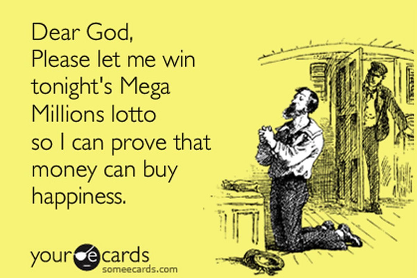 Illustration of a man praying for a Mega Millions lottery win to prove money can buy happiness.