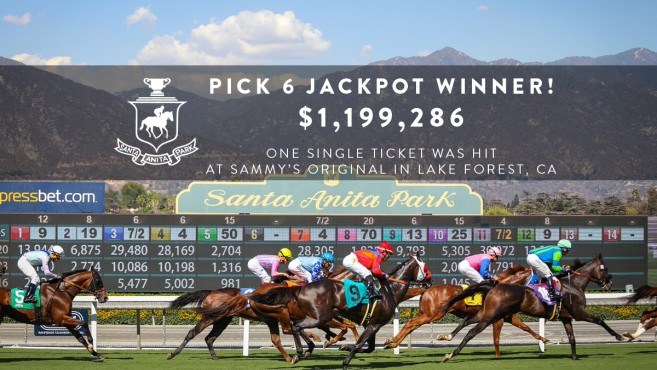 Announcement of a Pick 6 Jackpot winner at Santa Anita Park with a prize of $1,199,286, featuring horses racing.