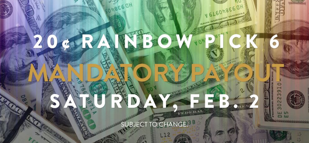 Text announcement for a mandatory payout with a rainbow gradient background and images of U.S. currency.