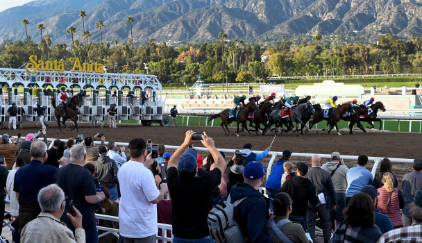 Horses racing out of the starting gates at Santa Anita Park with spectators in the foreground.
