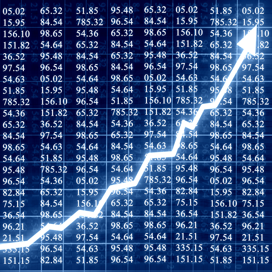 Graph showing financial growth with data points and an upward trend line, representing market analysis and performance metrics.