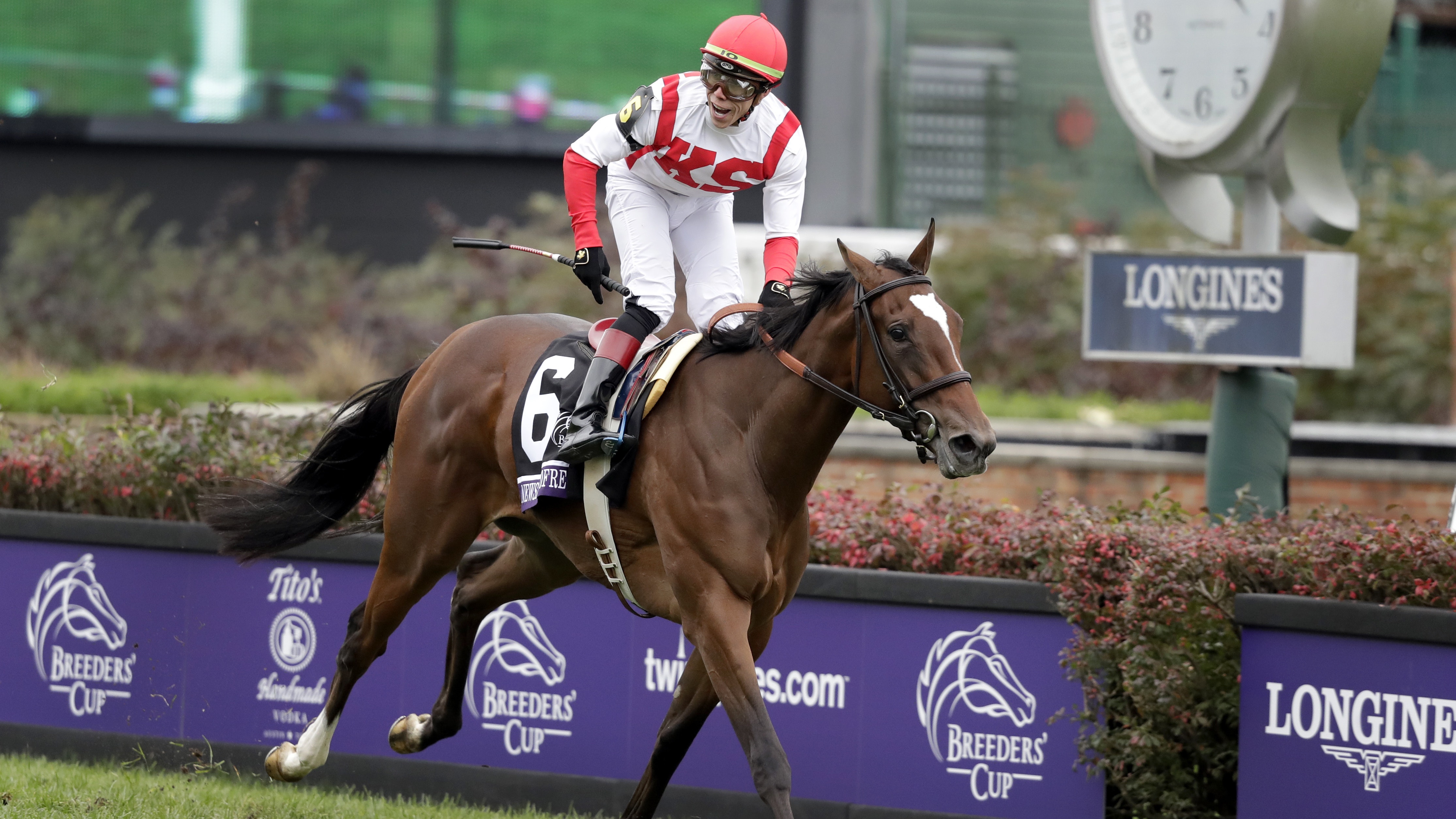 A racehorse with a jockey wearing red and white silks crossing the finish line at the Breeders' Cup event.