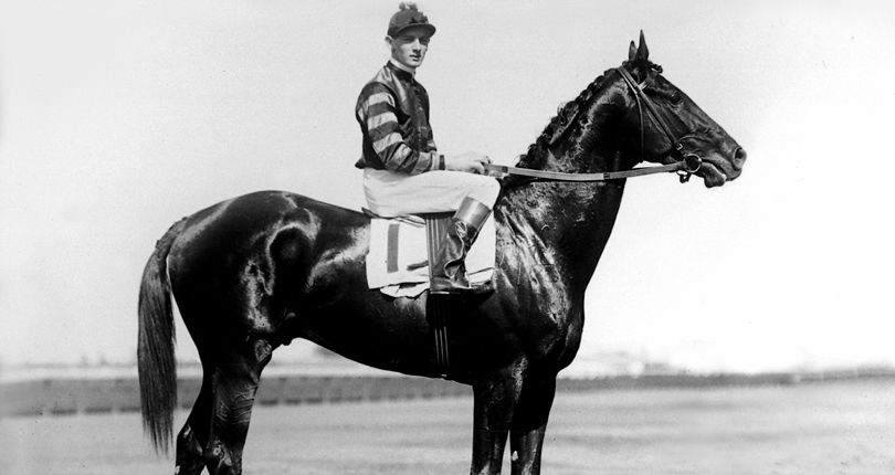 A man in racing attire seated on a shiny black horse, both posed for a photograph.