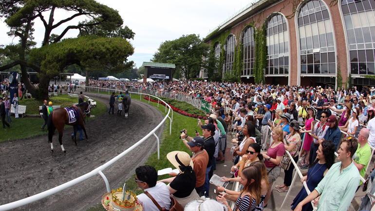 Crowd of spectators watching a horse race at a racetrack with horses and jockeys in view.