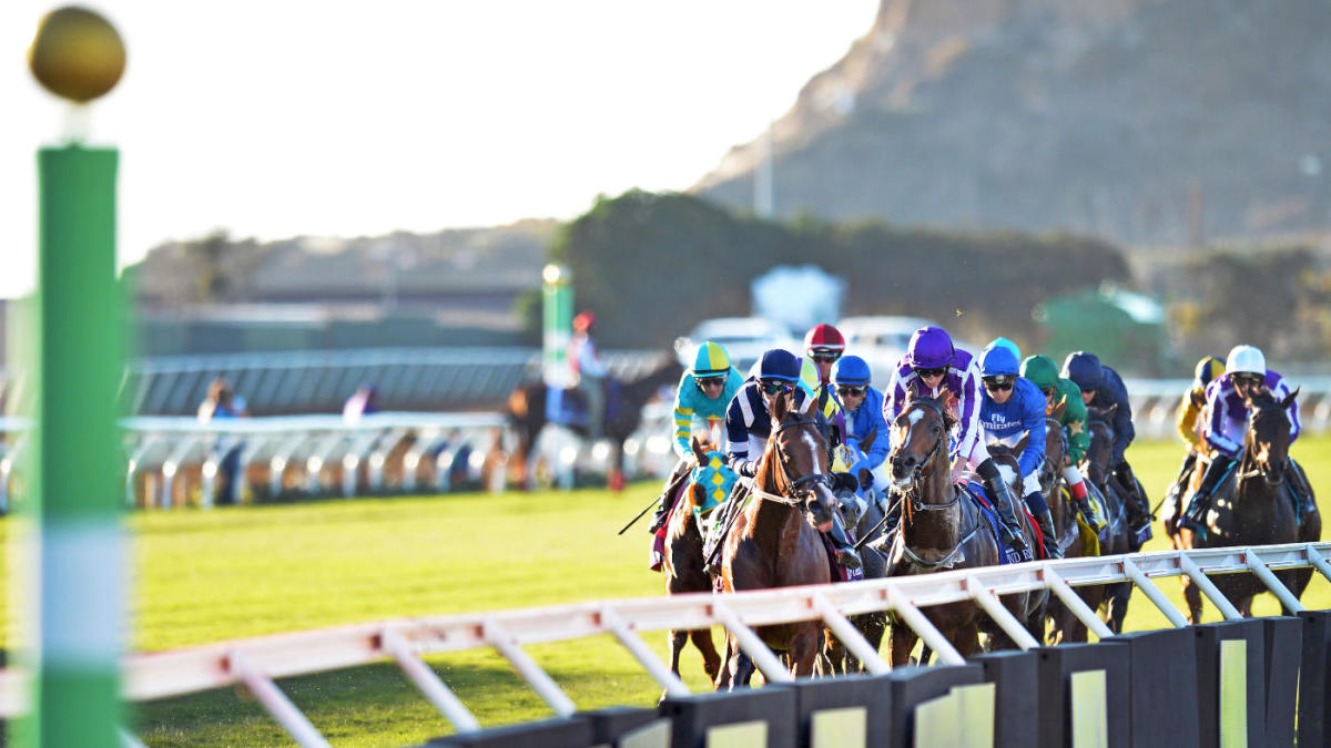 A thrilling horse racing scene featuring multiple jockeys in colorful attire competing on a green racetrack during sunset.