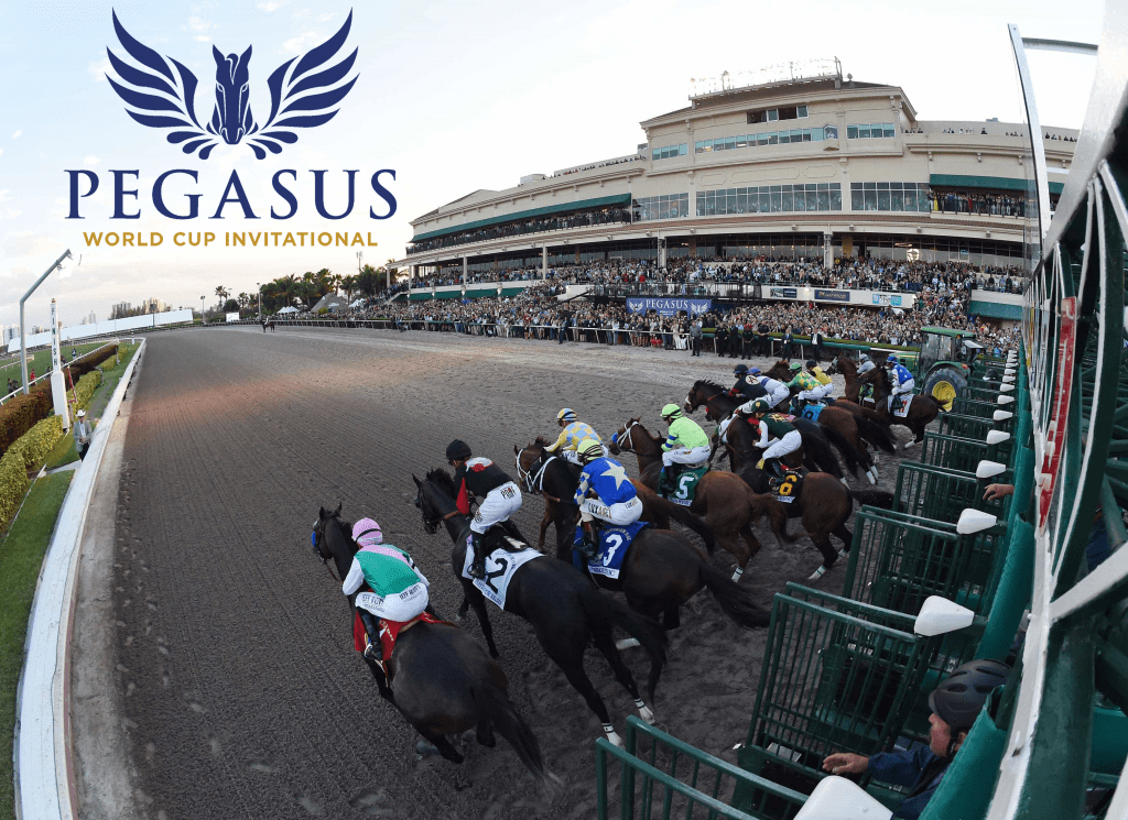 Horses and jockeys racing at the Pegasus World Cup Invitational event with a logo overlay.