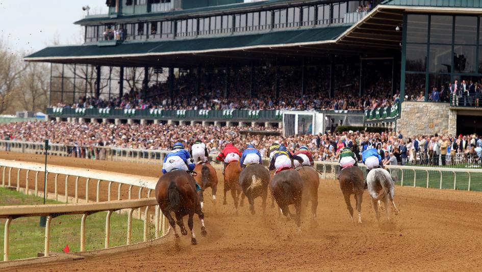 A group of racehorses competing on a dirt track with a large crowd in the background, showcasing the excitement of horse racing events.