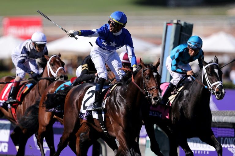 Jockey in blue and white silks celebrating victory on a horse during a race with other competitors in the background.