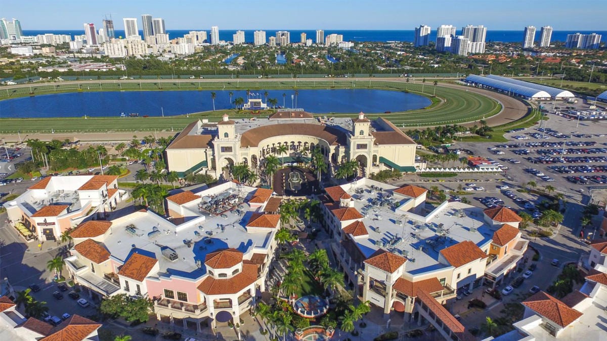 Aerial view showcasing a racing venue with adjacent commercial buildings, palm trees, and a large body of water in the background.