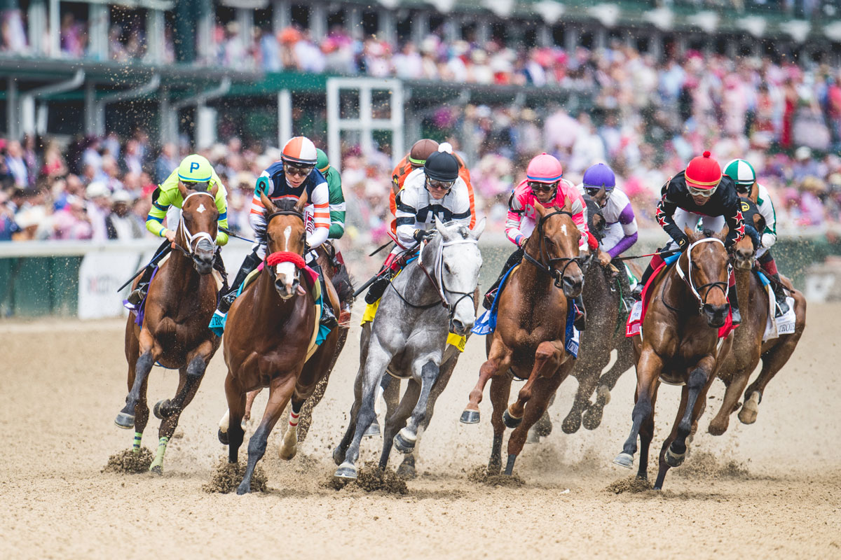 A group of racehorses and jockeys competing in a horse race at the Kentucky Derby.