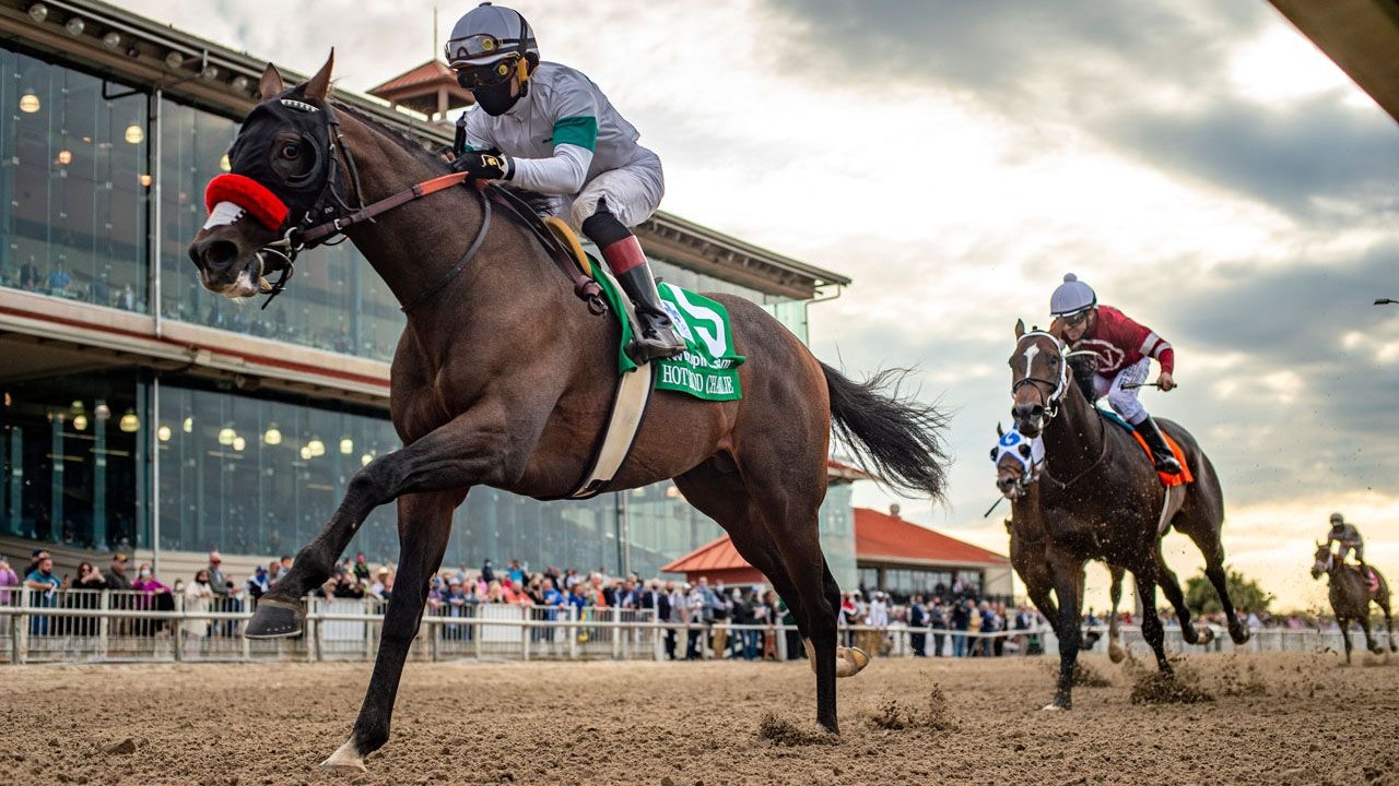 A racehorse with a jockey wearing a white and green uniform competing at the Louisiana Derby.