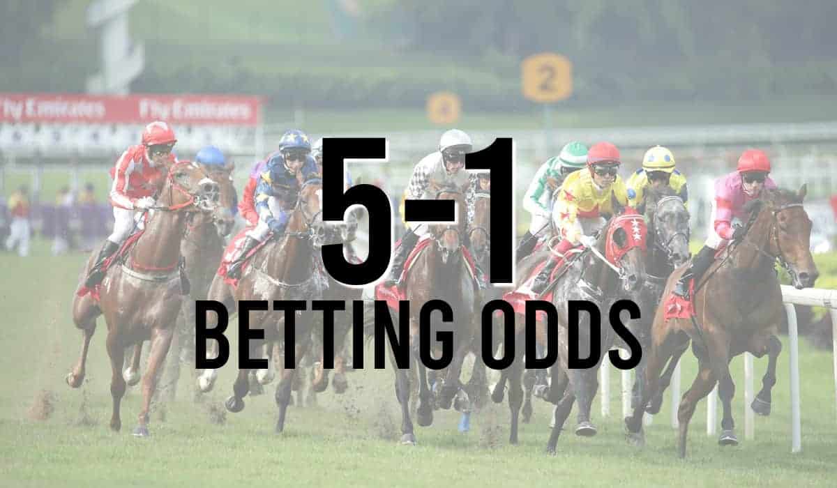 A thrilling horse racing scene featuring multiple jockeys and horses with a focus on the betting odds of 5-1 displayed prominently.