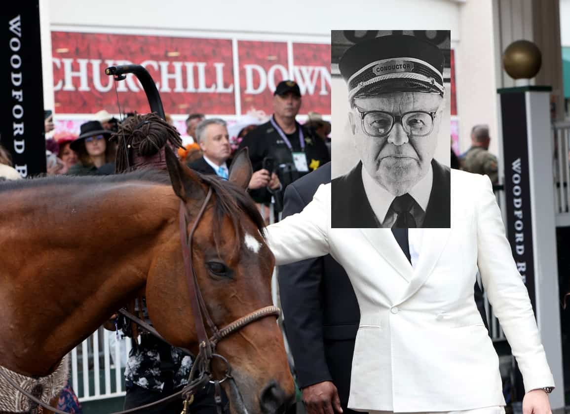 A horse accompanied by a jockey in formal attire at Churchill Downs, showcasing the excitement of horse racing events.