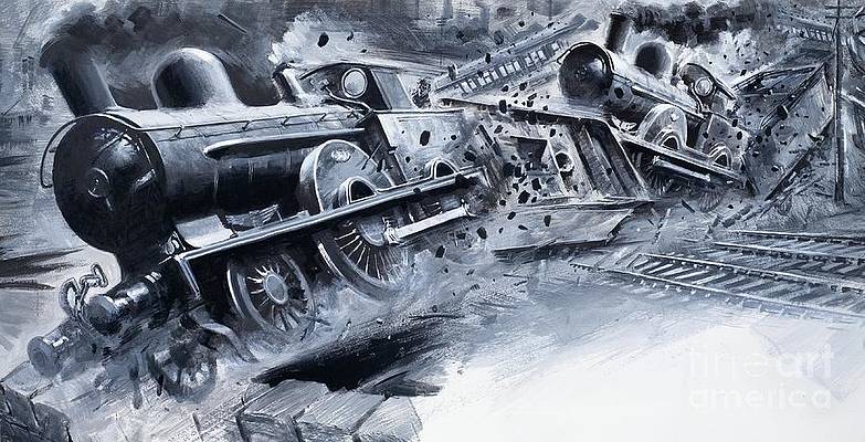 An illustration depicting two black steam locomotives derailing on a track, surrounded by debris and smoke, in a monochrome style.