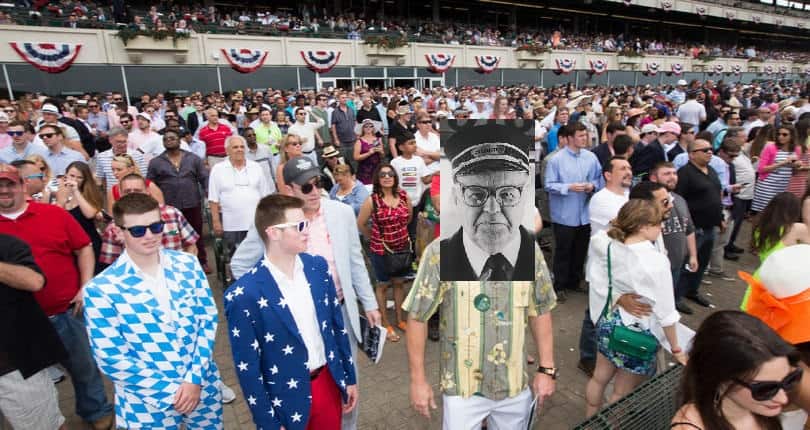 A large crowd gathered at a horse racing event, featuring diverse attendees in various outfits and styles.