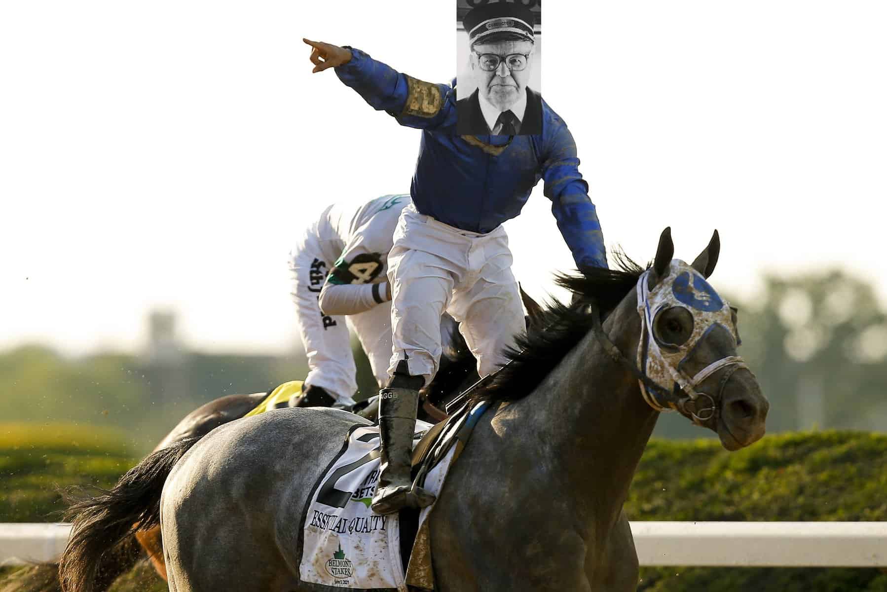 A jockey in blue and white riding a gray horse, celebrating victory during a race, with a unique face overlay.