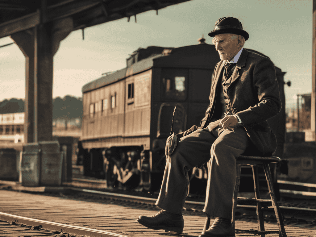 Elderly man in vintage attire sitting on a stool at a train station, with a historic train in the background.