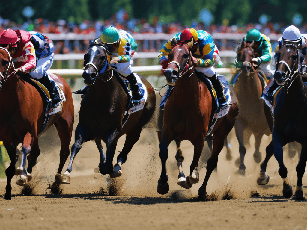 Thoroughbred horses racing on a dirt track with jockeys in colorful silks, showcasing speed and competition during a horse race.