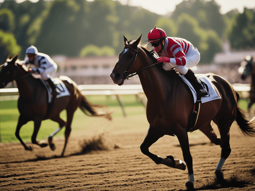 A thoroughbred racehorse with a jockey in red and white attire galloping on a dirt racetrack during a horse race.