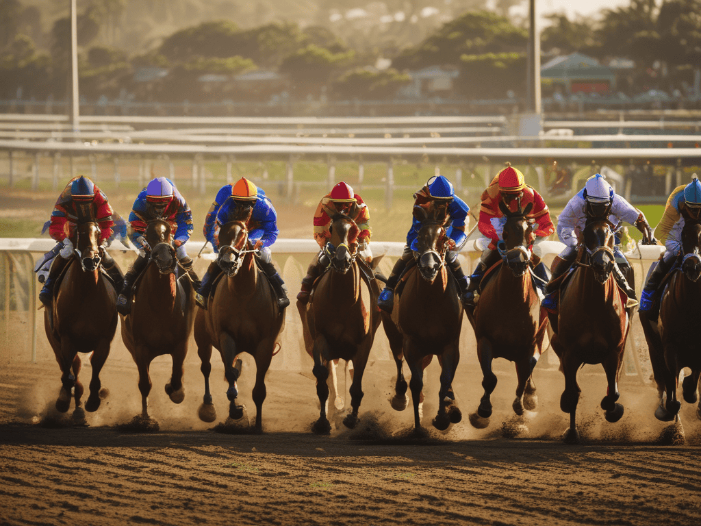 A thrilling horse racing scene featuring multiple jockeys in colorful attire racing on a dirt track during sunset.