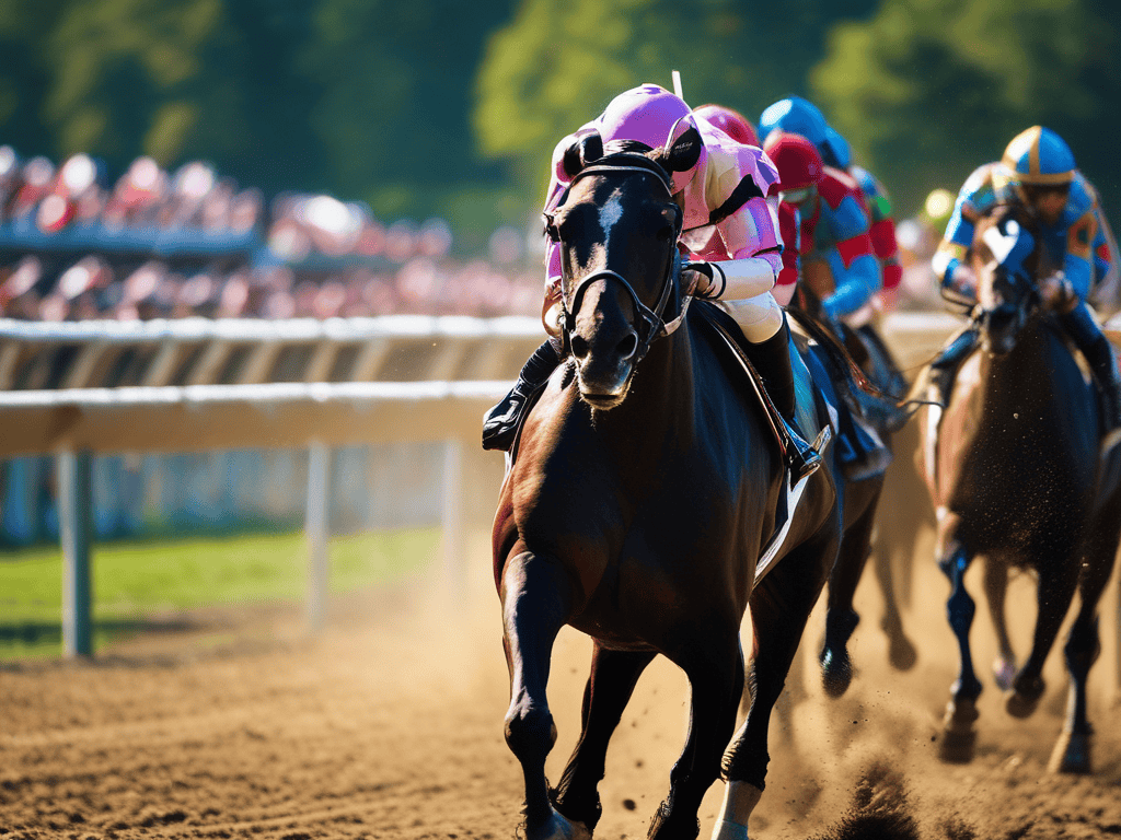 A racehorse with a jockey in pink attire leading a horse race, showcasing speed and competition on a dirt track.