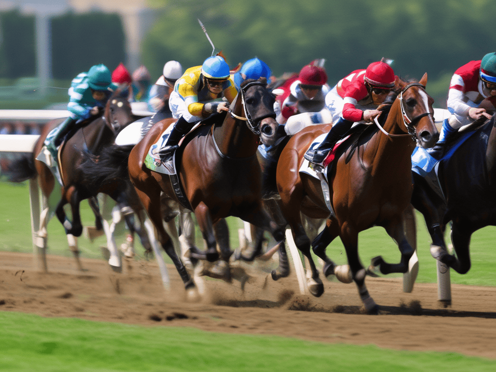 A dynamic horse race featuring multiple jockeys in colorful silks riding thoroughbred horses on a dirt track.