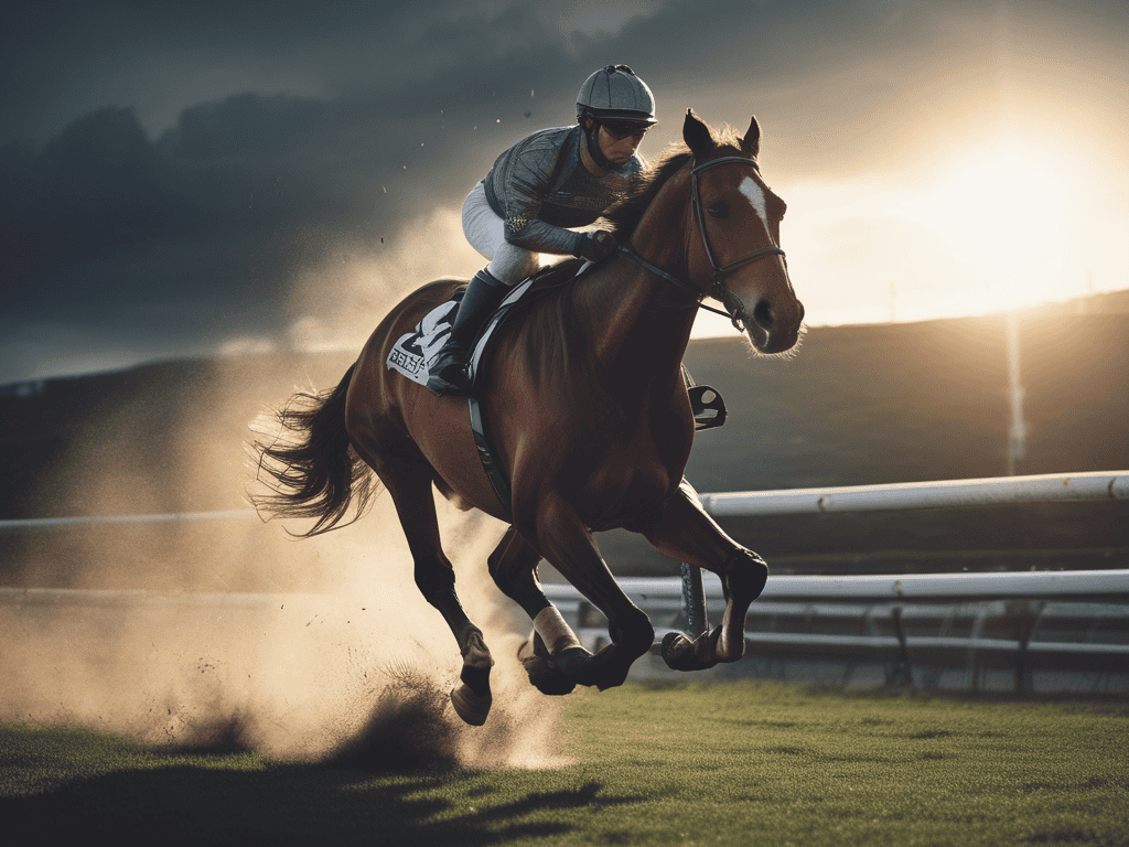 A racehorse galloping on a track with a jockey, dust flying, showcasing speed and power during a sunset.