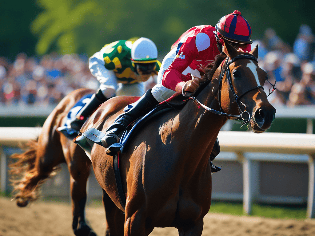 A racehorse with a jockey in a red and white uniform galloping ahead on a racetrack, showcasing speed and competition.