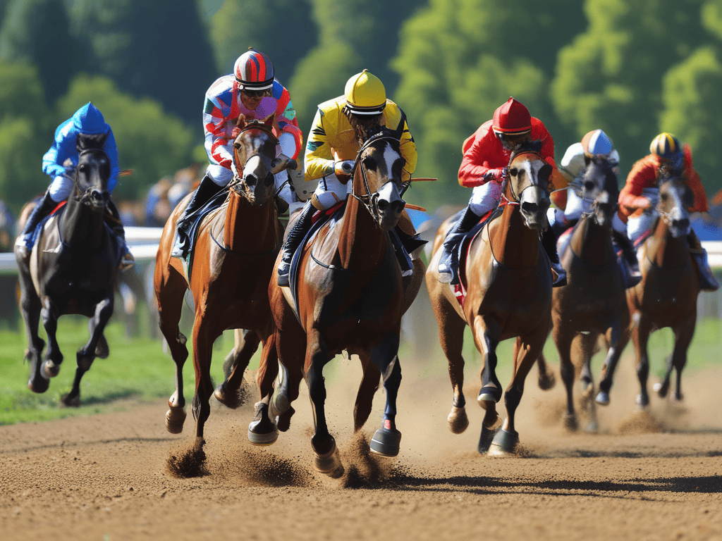 A thrilling horse race featuring multiple horses and jockeys in vibrant silks, showcasing speed and competition on a dirt track.