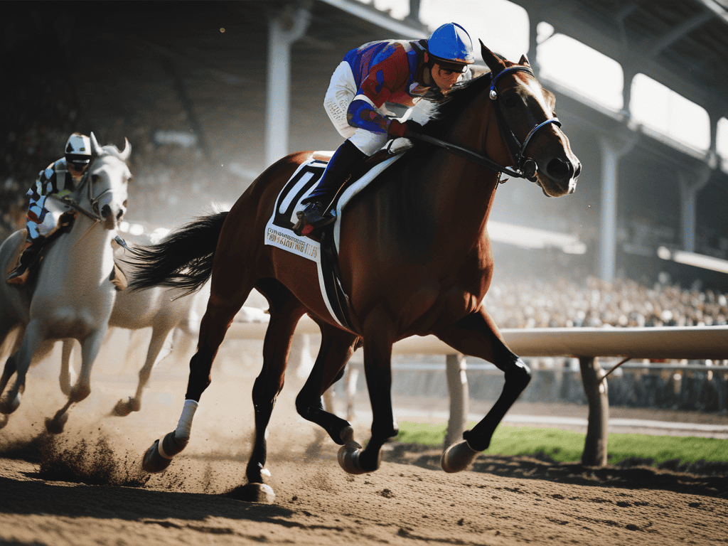 A thoroughbred racehorse galloping on a dirt track with a jockey in colorful attire, showcasing speed and power during a race.