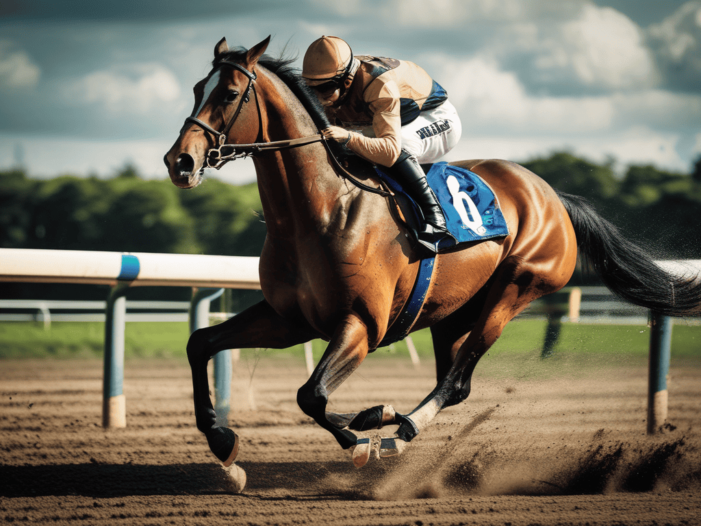 A racehorse galloping on a dirt track with a jockey wearing a tan helmet and blue silks, showcasing speed and athleticism.