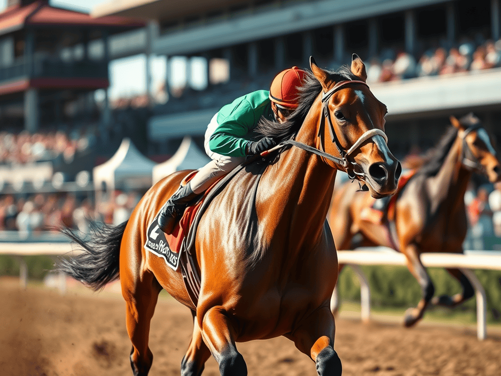 A racehorse with a jockey in green attire galloping at high speed on a racetrack, showcasing the thrill of horse racing.