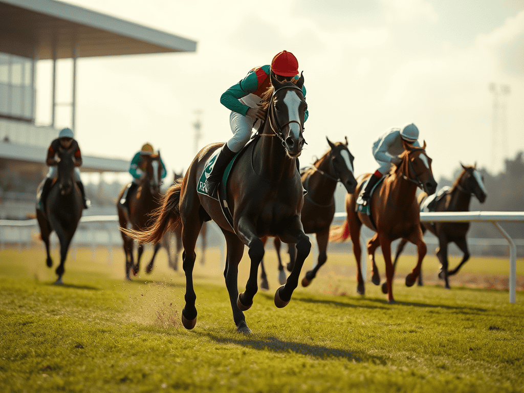 A group of racehorses galloping on a racetrack, showcasing speed and competition among jockeys in colorful attire.