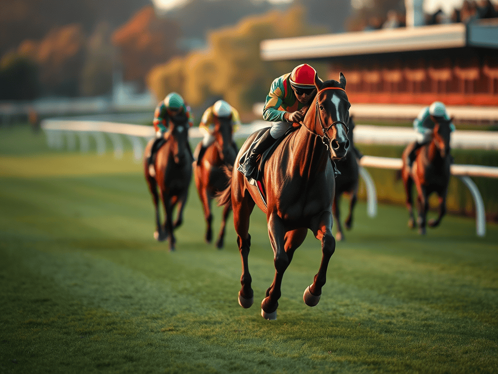 A racehorse galloping ahead of competitors on a lush green racetrack, showcasing speed and agility during a horse race.
