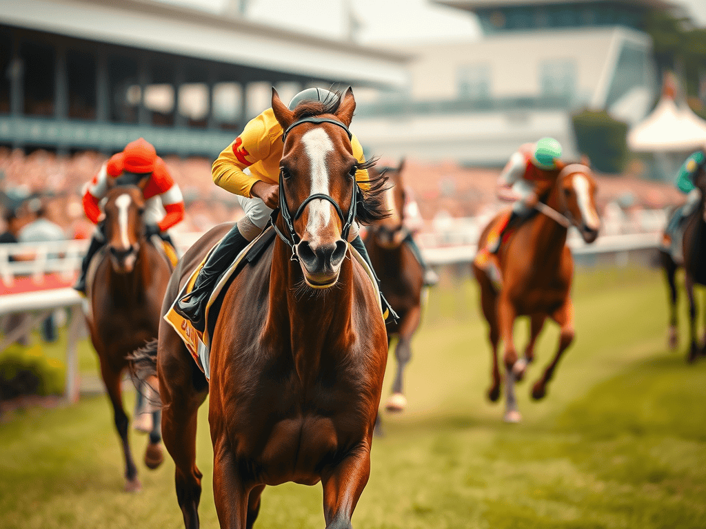A thoroughbred racehorse galloping ahead in a horse race, showcasing speed and agility, with jockeys in colorful silks riding alongside.