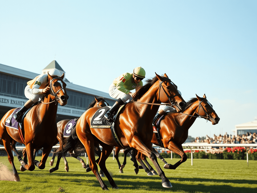Exciting horse race featuring multiple thoroughbreds competing on a grassy track with jockeys in vibrant uniforms.