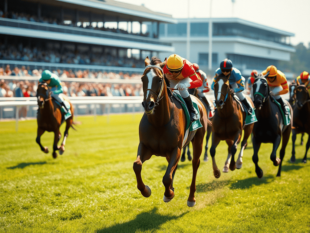 Thoroughbred racehorses galloping on a racetrack with jockeys in colorful silks, showcasing a dynamic horse racing scene.