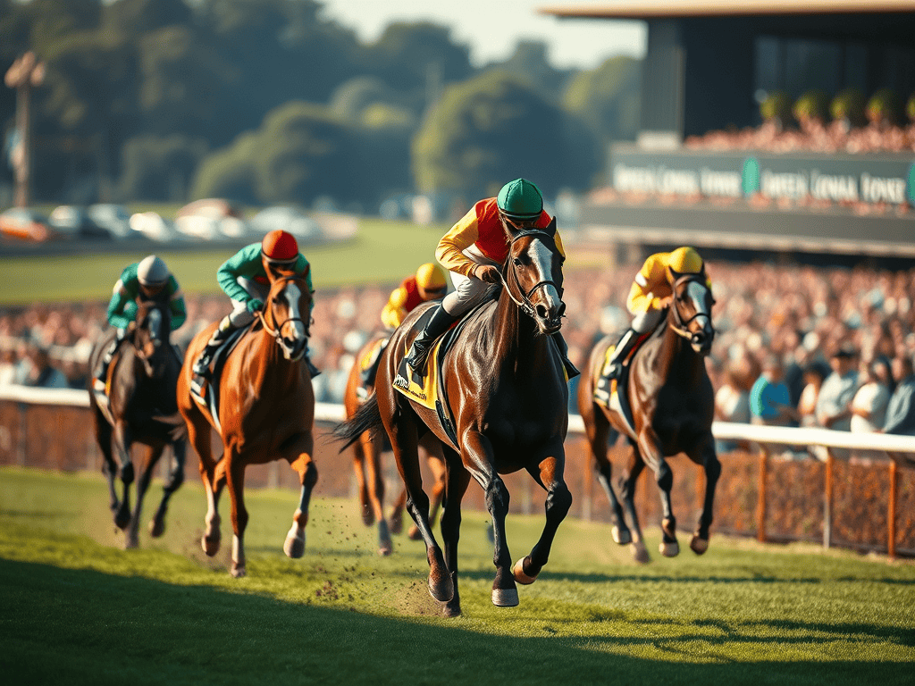A thrilling horse racing scene with jockeys in colorful silks riding fast horses on a grassy track, surrounded by a cheering crowd.