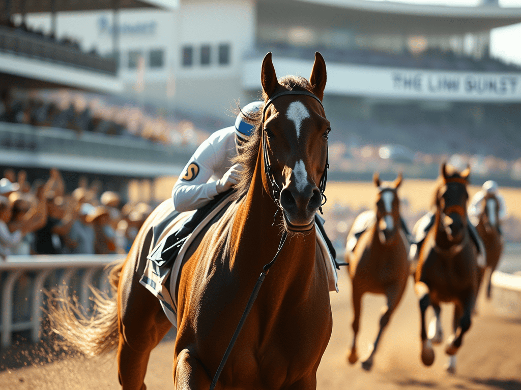 A thoroughbred racehorse galloping at high speed during a race, showcasing its powerful physique and competitive spirit.