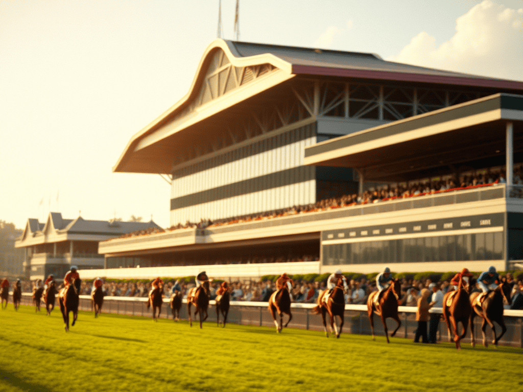 Horses racing on a track in front of a grandstand at Keeneland during sunset.