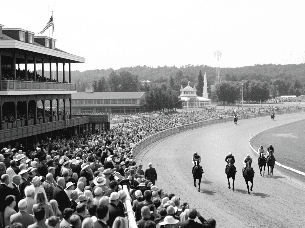 Black and white image of a historic horse racing event with spectators and horses on the track.