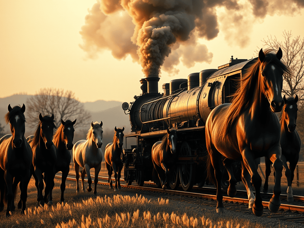 A steam locomotive surrounded by a herd of horses, showcasing a dynamic scene of transportation and nature.